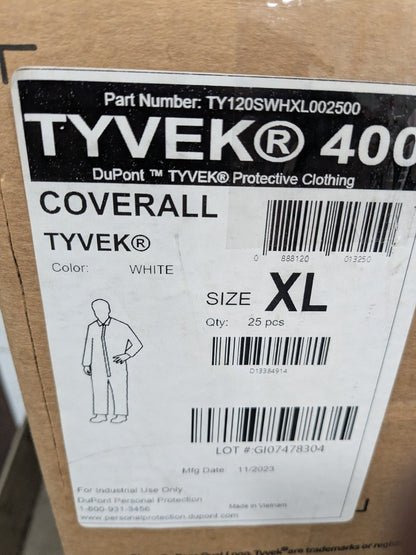 Dupont Disposable Coveralls: Particle Protection, SZ XL Qty 25 TY120SWHXL002500
