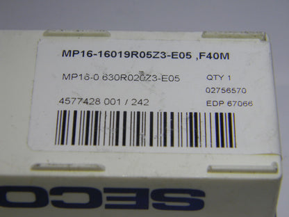 Seco MP16-16019R05Z3- E05 F40M Grade Carbide Milling Tip Insert 67066