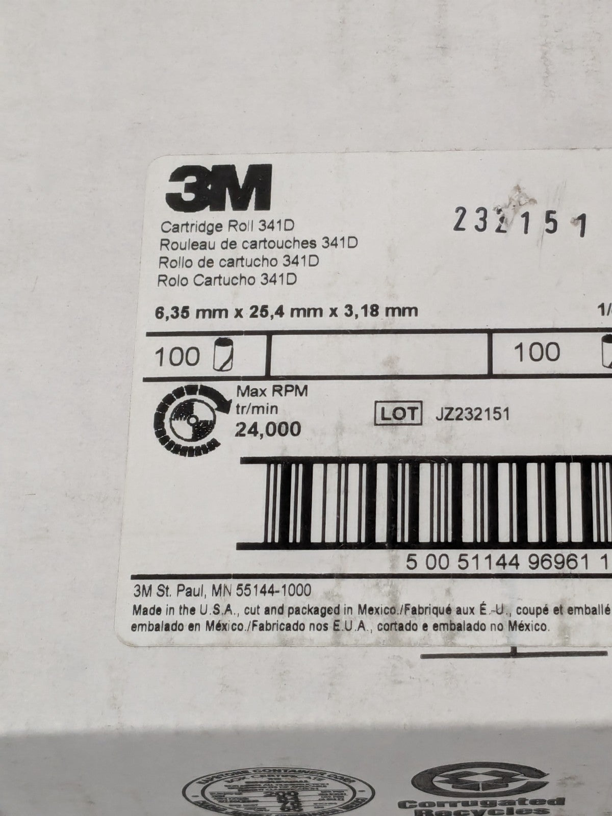 3M Straight Cartridge Roll: 1/4" Dia, 120 Grit, AO Box of 100 7100080023