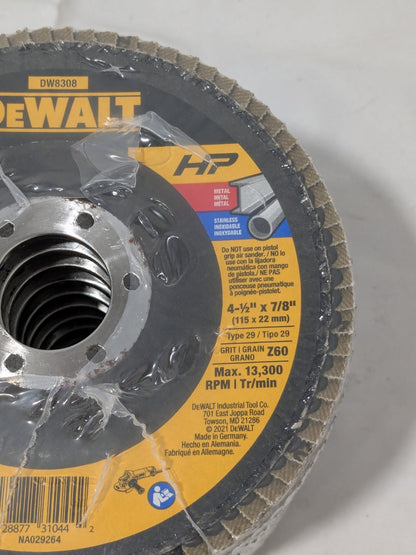 DeWALT Flap Disc: 4-1/2" Dia, 7/8" Hole, Zirconia Alumina, Type 29 Qty 10 DW8308