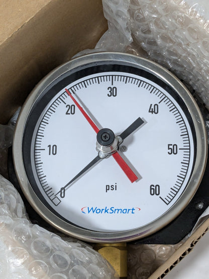 WorkSmart Pressure Gauge 4-1/2" Dial, 1/4 Thread, 0-60 Scale Range WS-PE-30