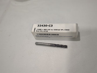 HARVEY TOOL Corner Radius End Mill: 1/8" Dia 4 Flute, Solid Carbide 32430-C3