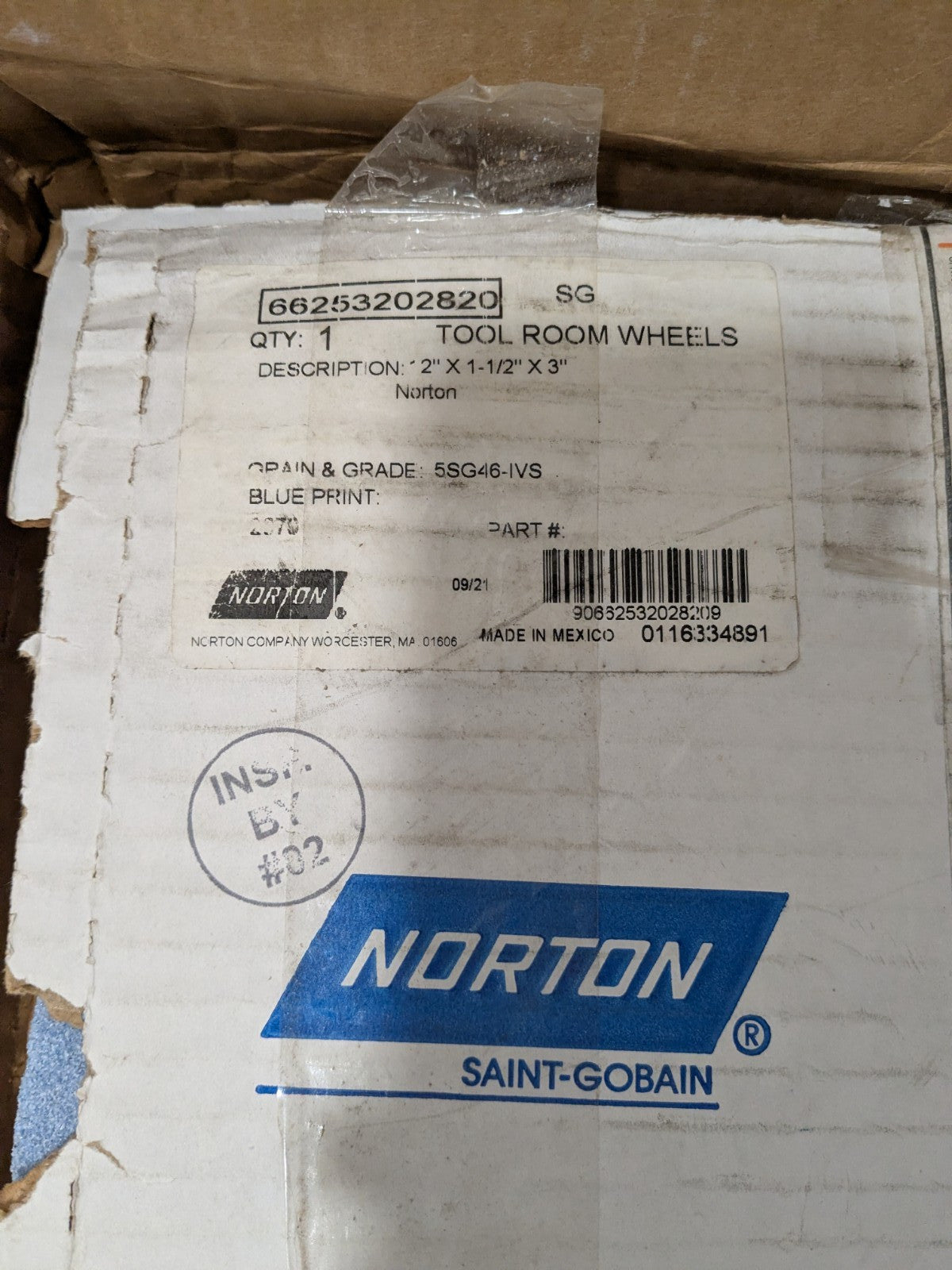 Norton Surface Grinding Wheel 12" Dia, 1-1/2" Thick, 3" Arbor 66253202820