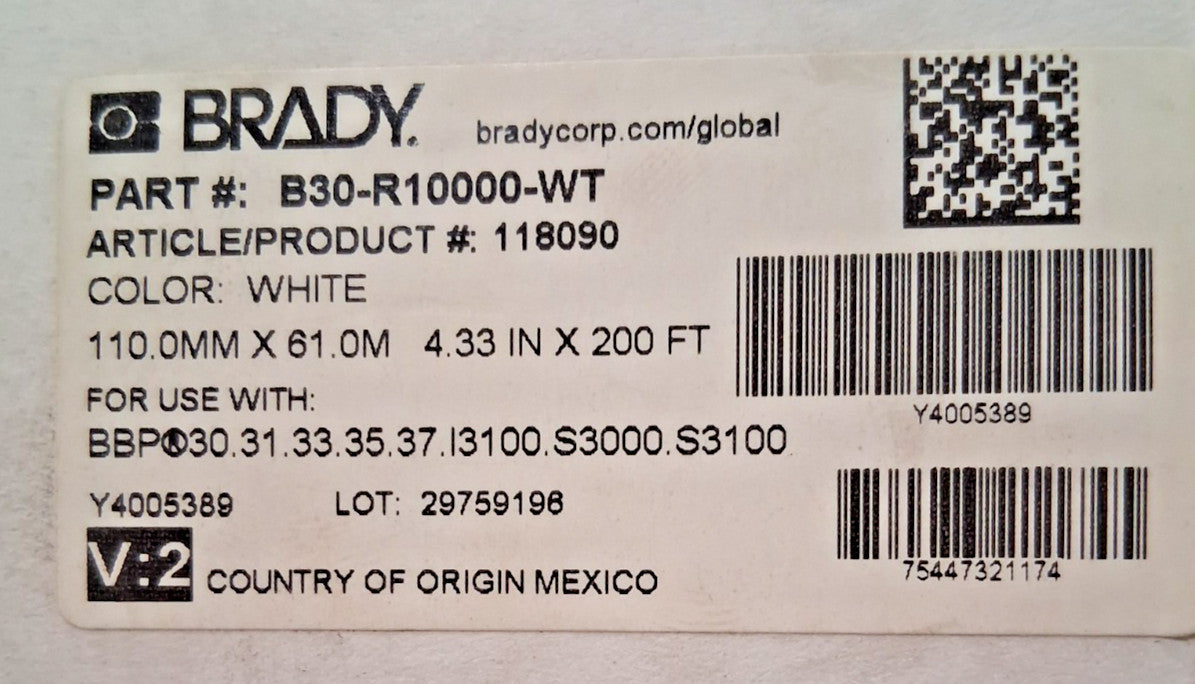 Brady Printer Ribbon 4.33" W 200' L White 118090
