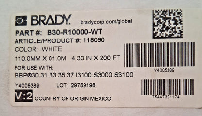 Brady Printer Ribbon 4.33" W 200' L White 118090