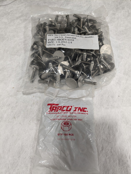 1/4-20, 1-1/4" OAL, 31/32" Head Diam, SS Elevator Bolt Qty 100 BOES14104wHex