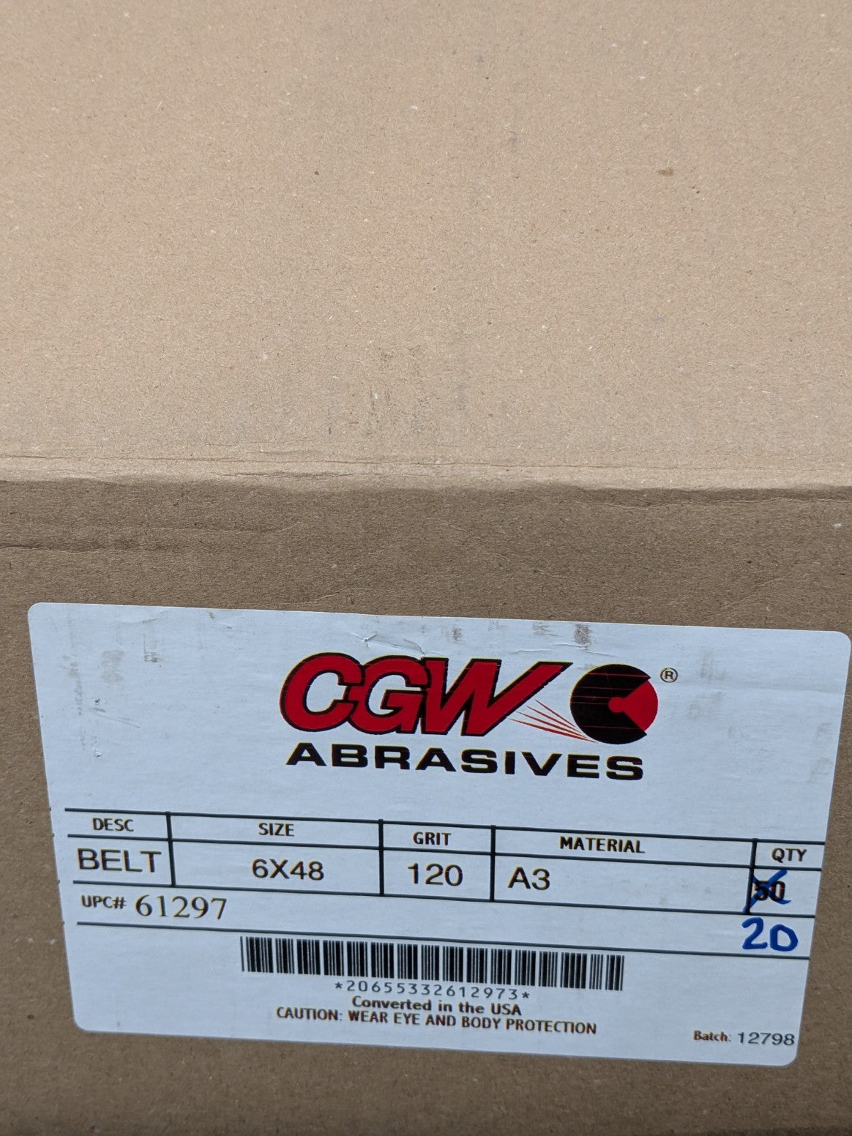CGW Abrasive Belt: 6" Wide, 48" OAL, 120 Grit, Aluminum Oxide Qty 20 61297