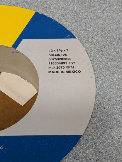 Norton Surface Grinding Wheel: 12" Dia, 1-1/2" Thick, 3" Arbor, 46G 66253202820