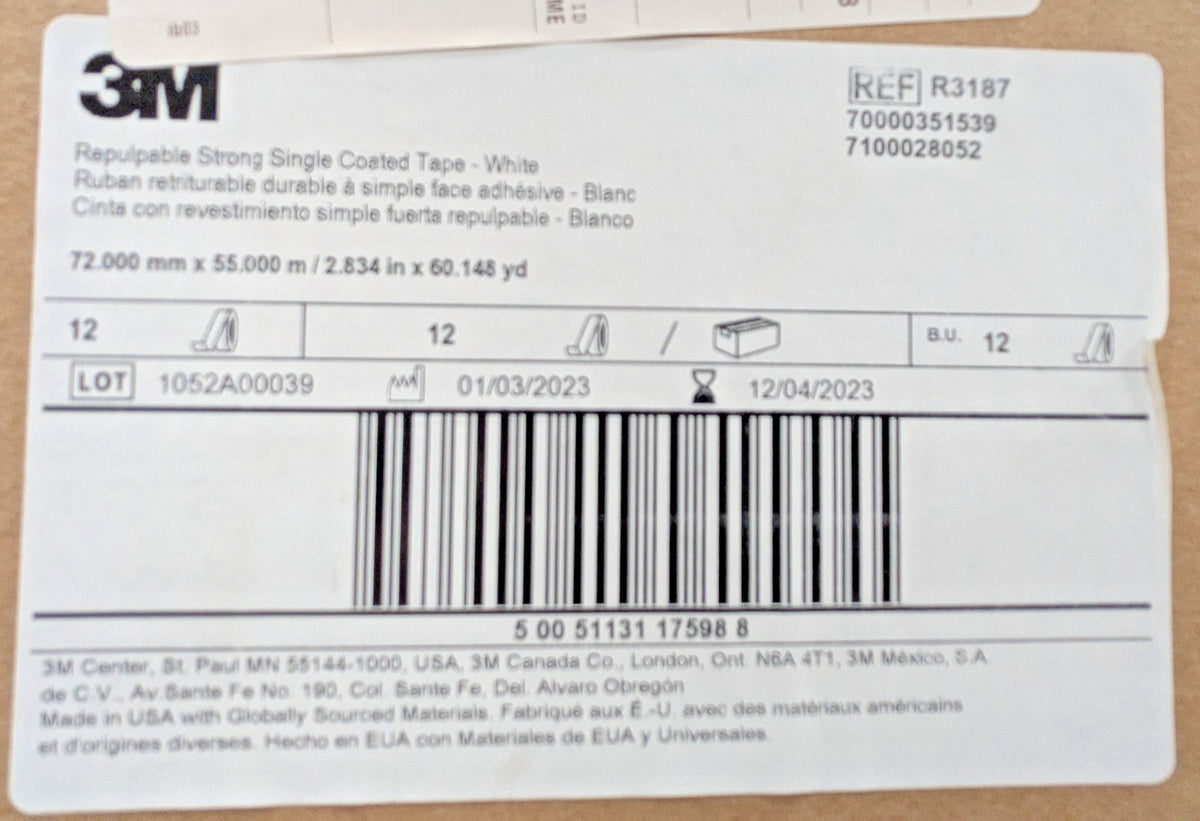 3M R3287 Repulpable Strong Single Coated Tape White 72mm X 55m QTY 12 7100028052
