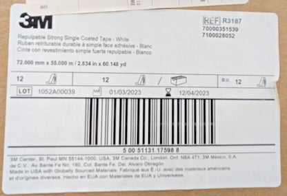 3M R3287 Repulpable Strong Single Coated Tape White 72mm X 55m QTY 12 7100028052