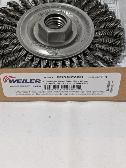 WEILER Wheel Brush: 4" Dia, 3/16" Width, 0.0200" Wire Dia, Knotted 94653