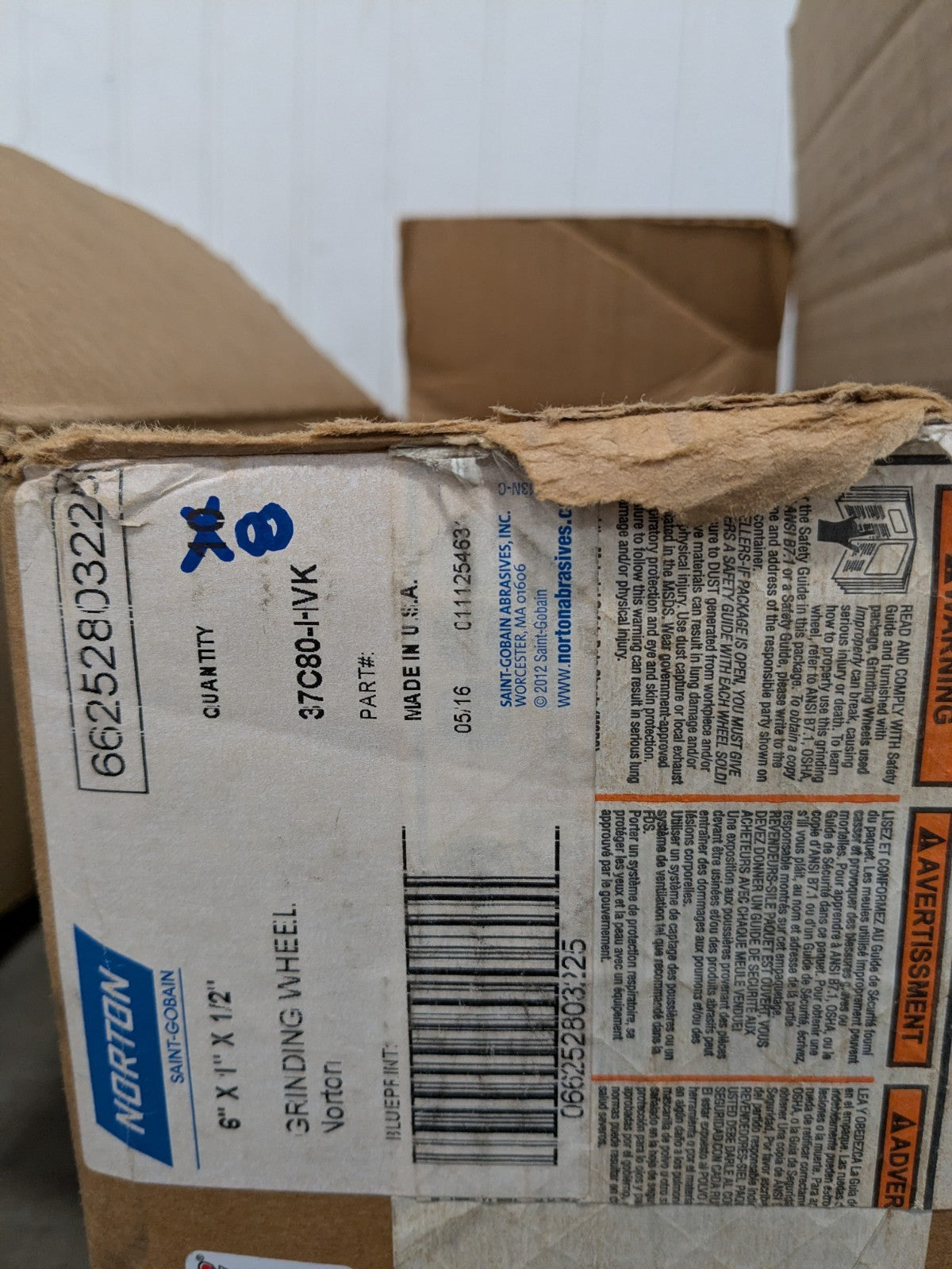 Norton Surface Grinding Wheel 6" x 1" x 1/2" 80G Qty 8 66252803225