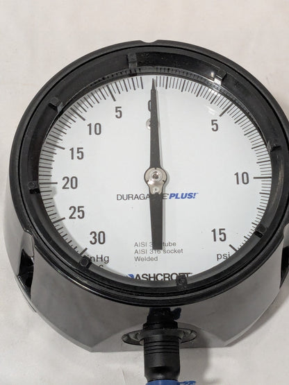 Ashcroft Pressure Gauge: 4-1/2" Dial Dia, 0 Min psi, 15 Max psi, 1/4" 93015XLL