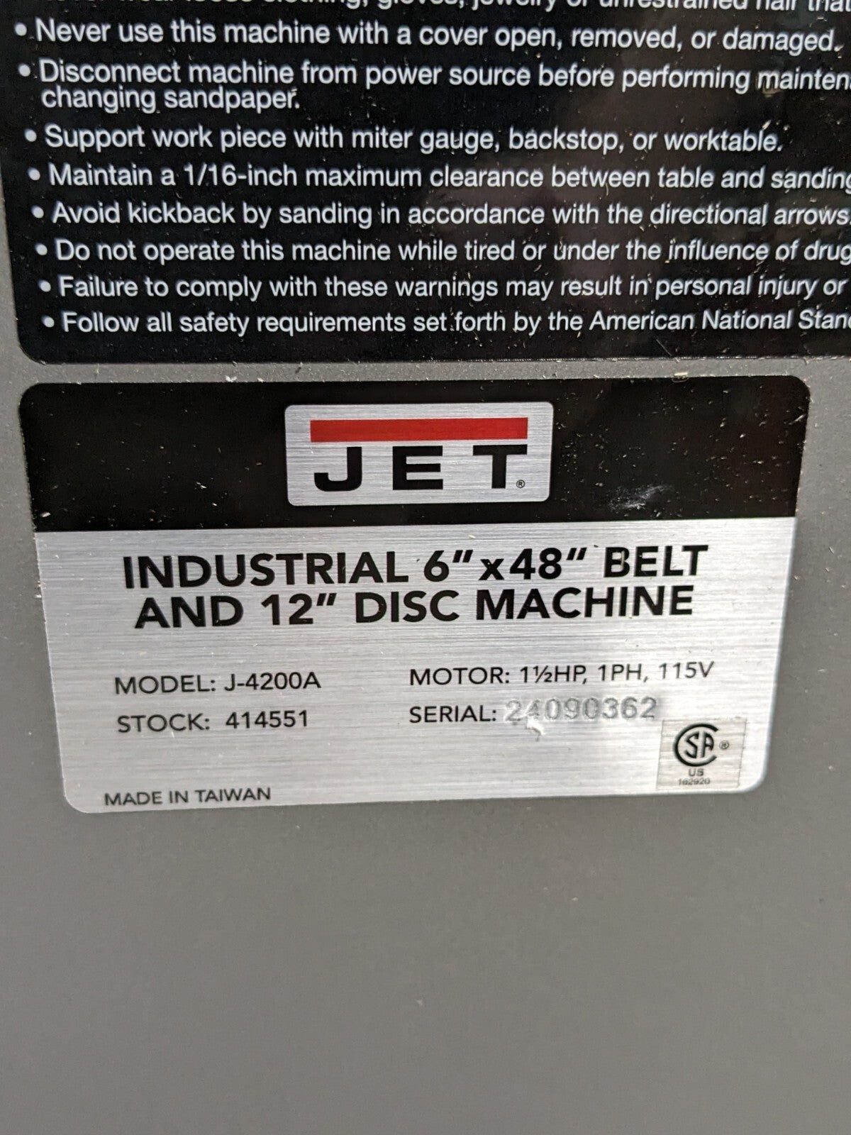 Jet Industrial Combination Sander 48" x 6" Belt / 12" Disc 414551