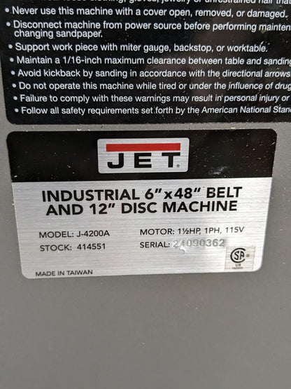 Jet Industrial Combination Sander 48" x 6" Belt / 12" Disc 414551