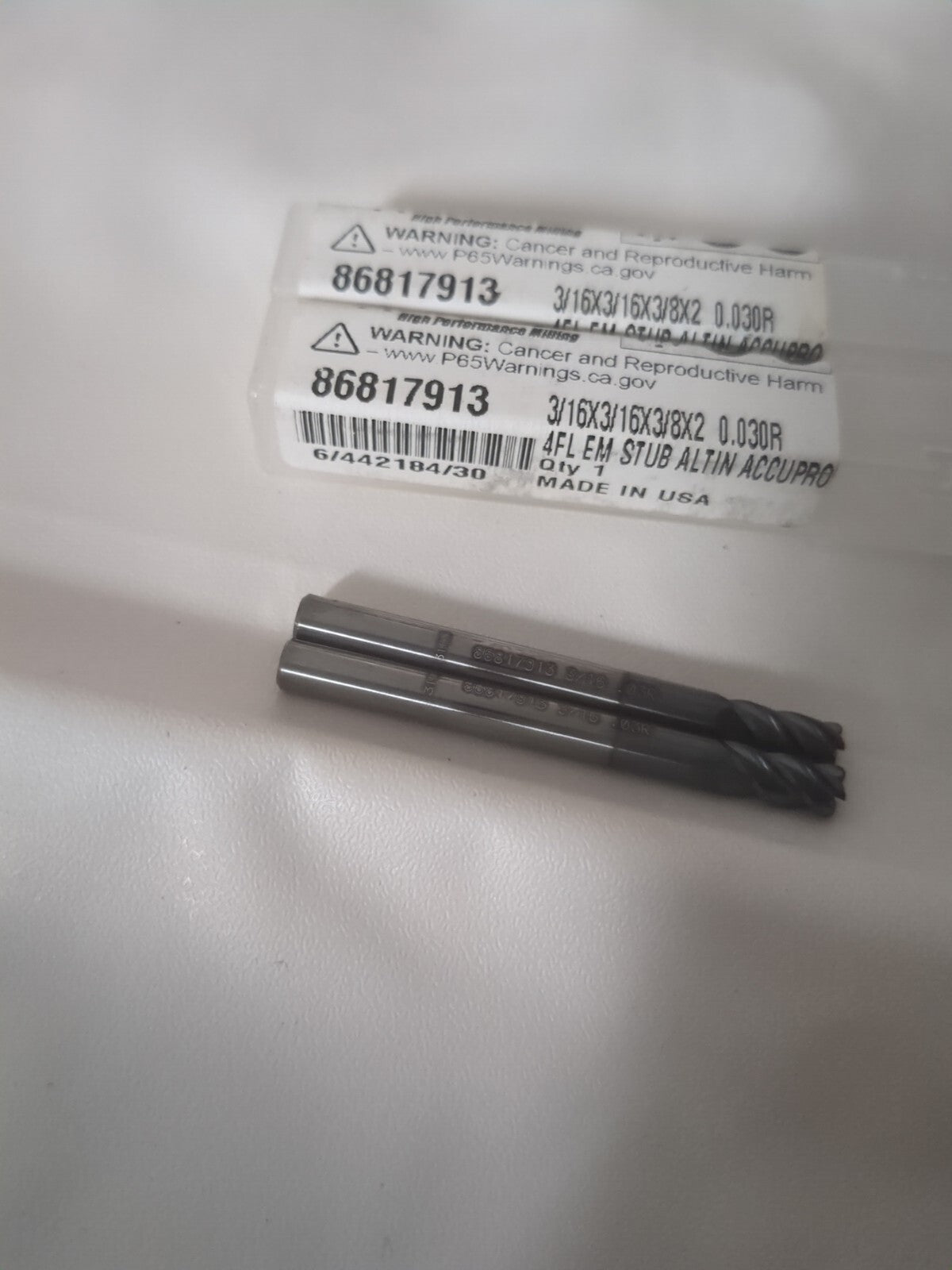 Accupro 2pk Corner Radius End Mill 3/16" Dia 3/8" LOC 4fl solid carbide 12182772