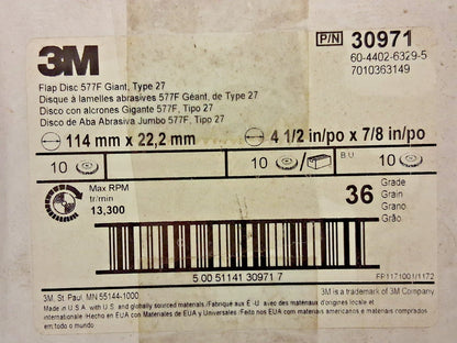 3M Zirconia Alumina Flap Discs 10PK Type 27 4-1/2" Dia 7/8" Hole 7010363149