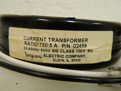 Simpson Pannel Current Transformer 2 VA Burden 750:5 A Ratio 50-400Hz 02459