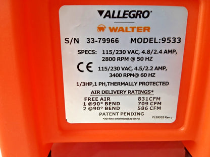 Allegro Axial Blower 1-Speed 115V 0.33 hp 8" Inlet/Outlet Electric 9533