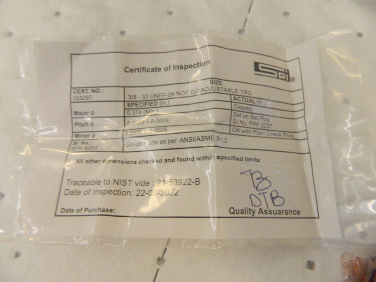SPI Threaded Ring Gage: 3/8-32 Thread, Class 2A, No Go 23-167-0
