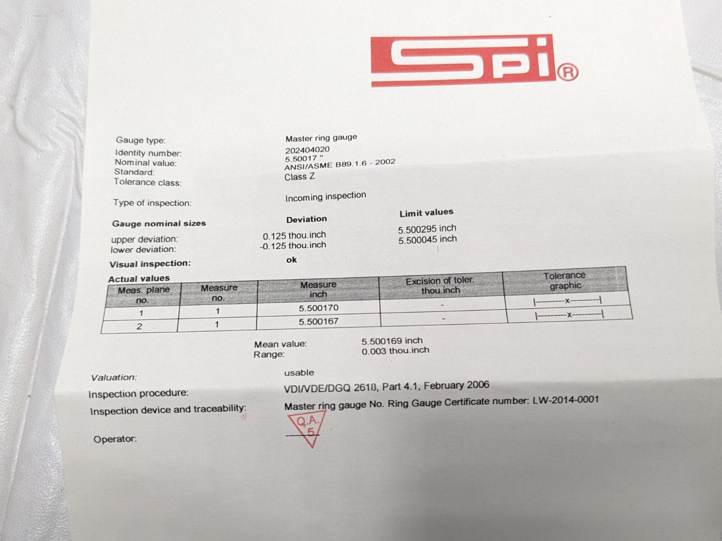 SPI Setting Ring Gage 5-1/2"ID X 7.87"OD X 0.78"Thick 17-686-7