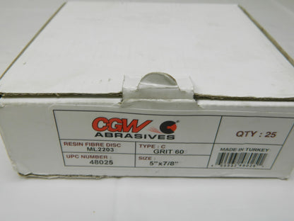 CGW Fiber Disc 5 Disc Dia, 7/8 Hole, 60 Grit, Aluminum Oxide Qty 25 48025