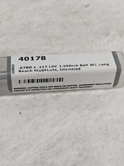HARVEY TOOL Ball End Mill: 5/64" Dia, 0.1170" LOC, 3 FL, Solid Carbide 40178