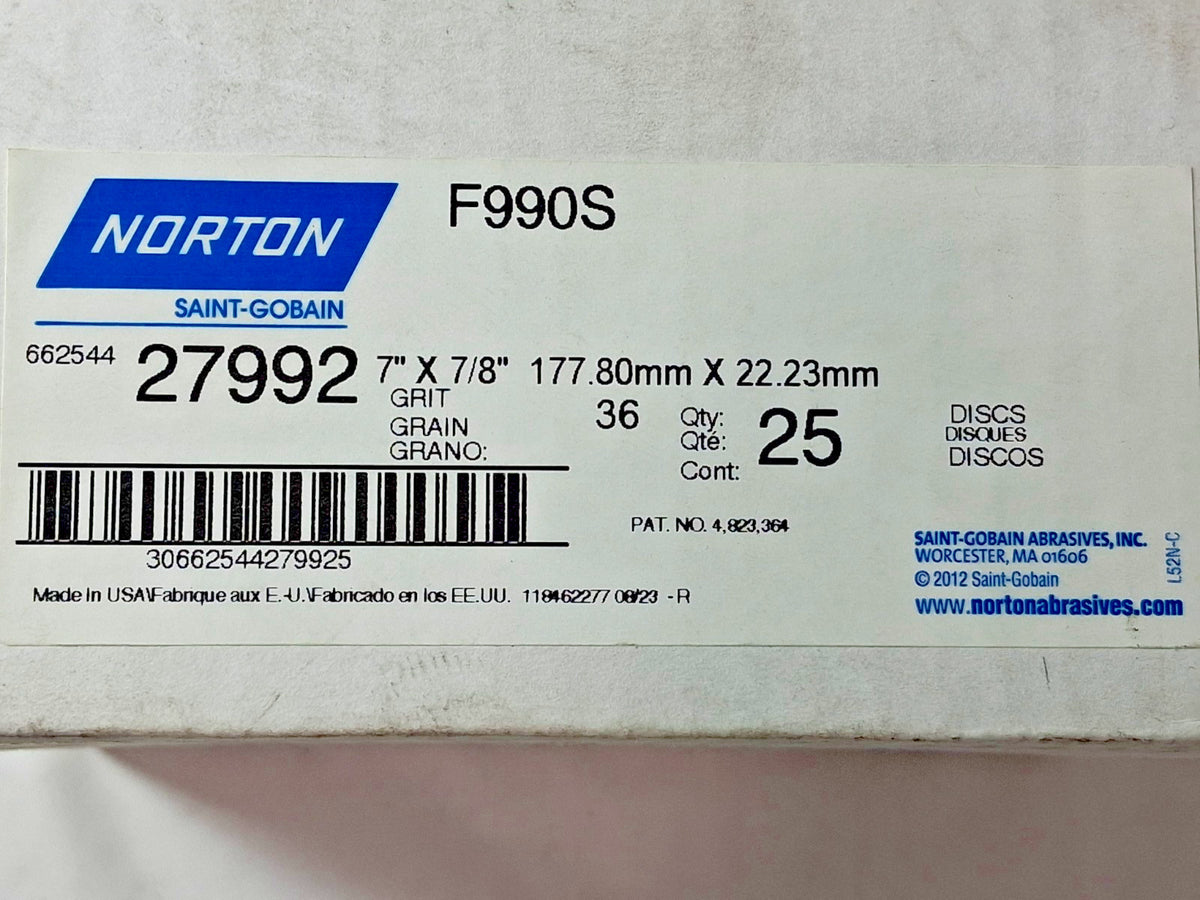 Norton Ceramin Alumina Fiber Discs QTY25 7" Disc Dia 36 Grit 66254427992