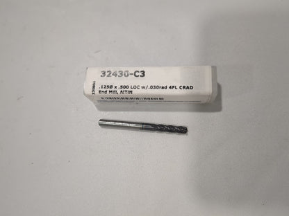 HARVEY TOOL Corner Radius End Mill: 1/8" Dia 4 Flute, Solid Carbide 32430-C3