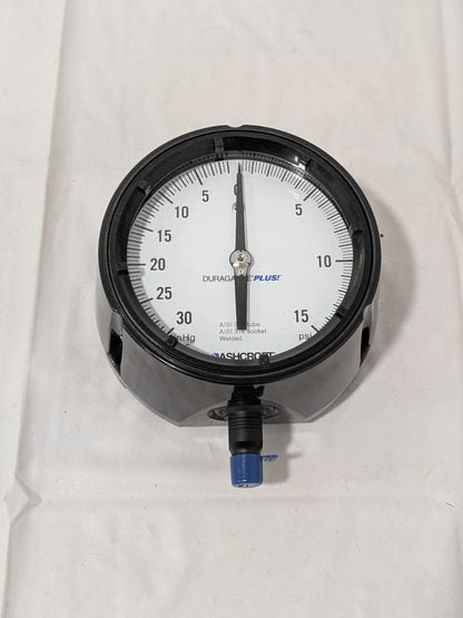 Ashcroft Pressure Gauge: 4-1/2" Dial Dia, 0 Min psi, 15 Max psi, 1/4" 93015XLL