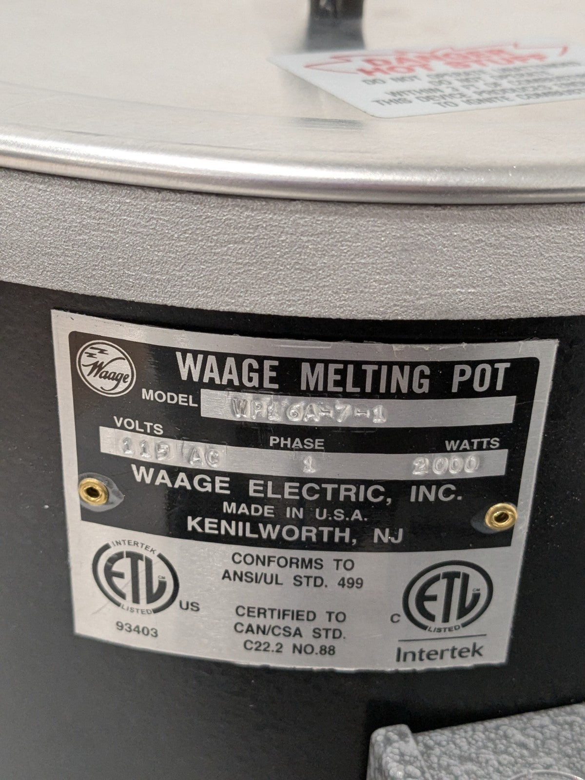 WAAGE 2 Gal Dip Coat Pot 6" Deep, 200 to 550°F, 10-1/2" ID, 115 Volts WP16A-7-1