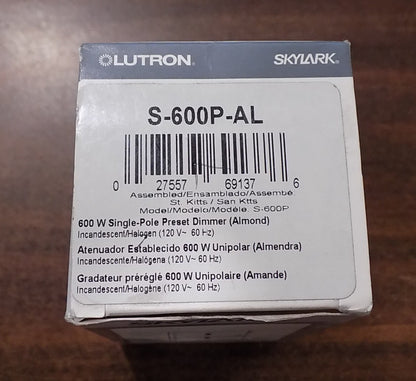 Lutron S-600P-AL Skylark 600W Single Pole Preset Dimmer w/ Rocker Switch Almond
