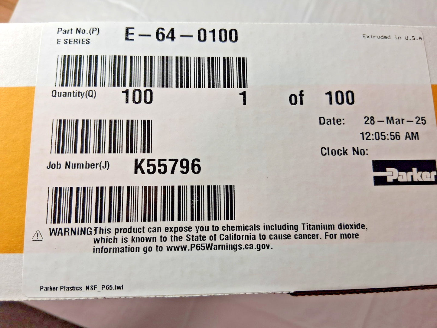 Parker Polyethylene Tube 1/4" ID x 3/8" OD 100ft Long E-64-0100