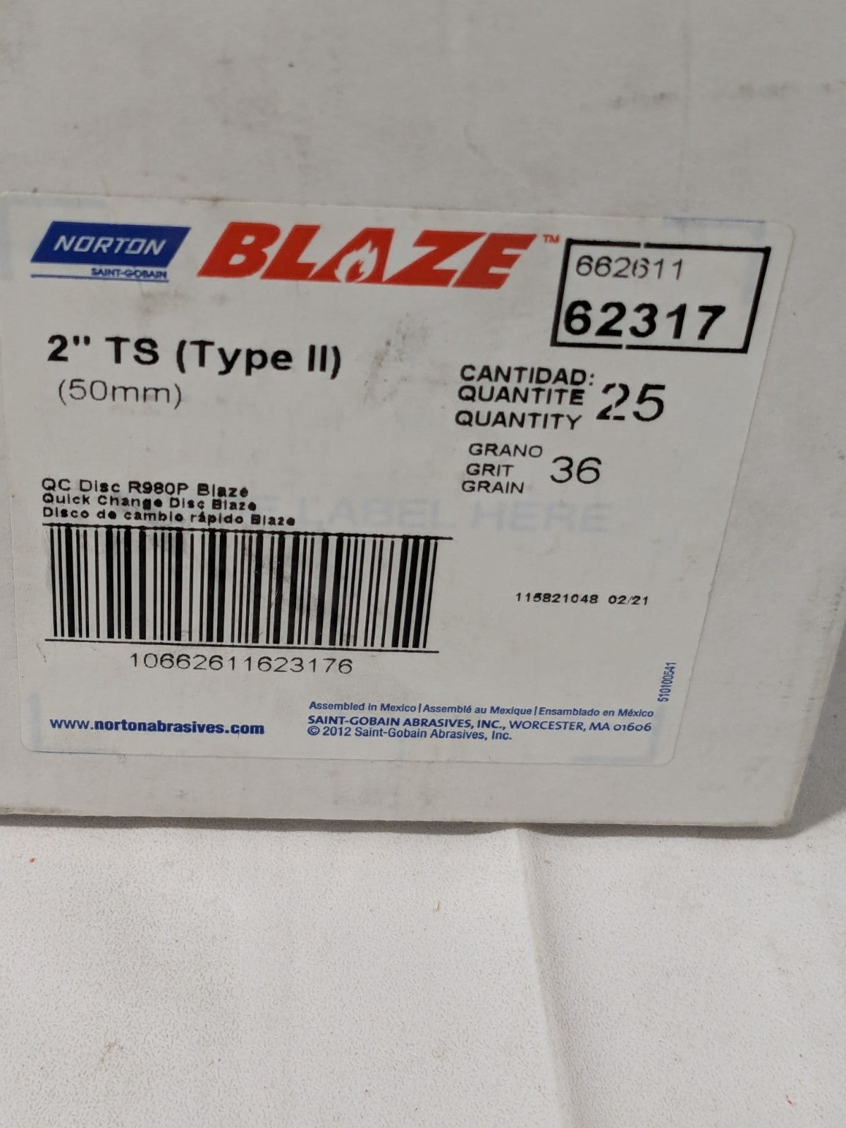 Norton Quick-Change Disc: Type S, 2" Dia, 36 Grit Box of 25 66261162317