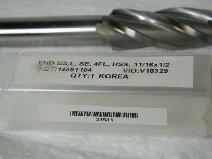 HSS Sq End Mill 11/16" 1-5/8" LOC 1/2" Shank Diam 3-5/8" OAL 4 FL 27611