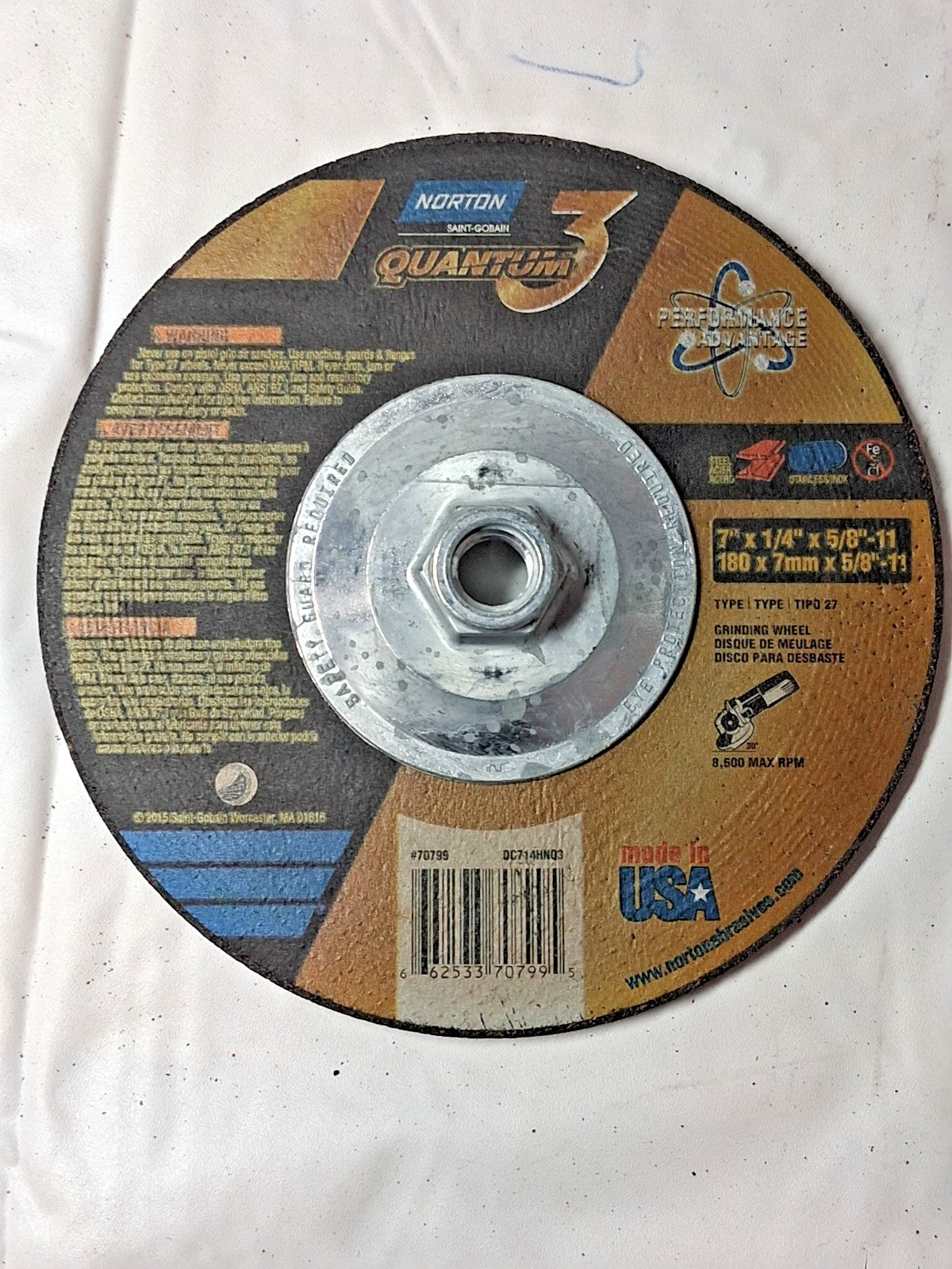 Norton Ceramic Alumina Grinding Wheel 7 in x 1/4 in x 5/8-11 T27 QTY 10 70799