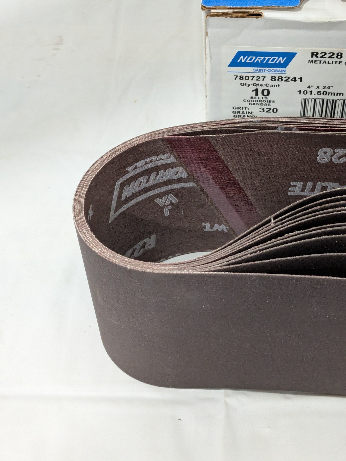 (10) Norton Abrasive Belt 4" Wide, 24" OAL, 320 Grit, Aluminum Oxide 78072788241