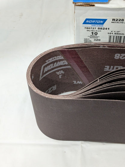 (10) Norton Abrasive Belt 4" Wide, 24" OAL, 320 Grit, Aluminum Oxide 78072788241