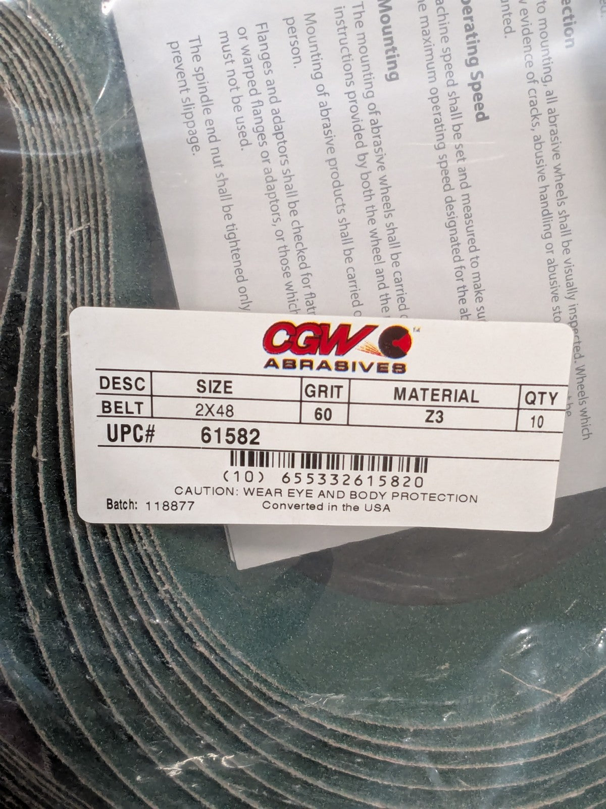 CGW Abrasive Belt: 2" Wide, 48" OAL, 60 Grit, Zirconia Alumina Qty 20 61582