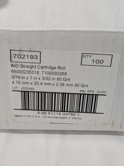 (100) SA Straight Cartridge Roll: 3/16" Dia, 80 Grit, Aluminum Oxide 7100092268