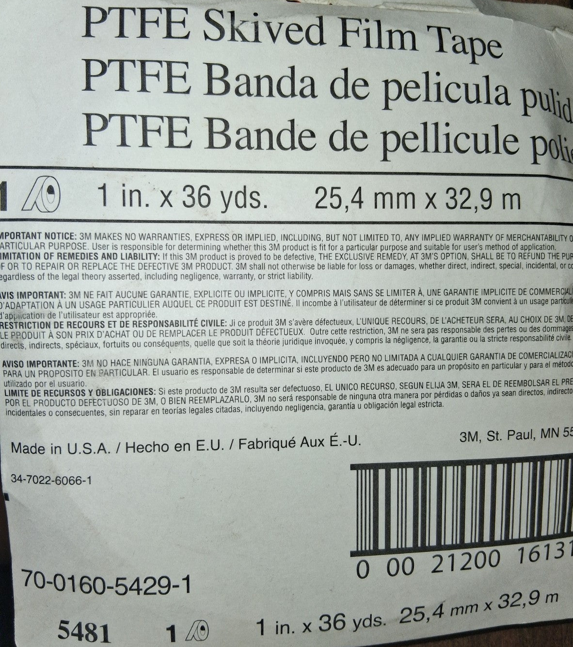 3M PTFE Film Tape Gray 1" x 36YD 6.8 MIL 5481
