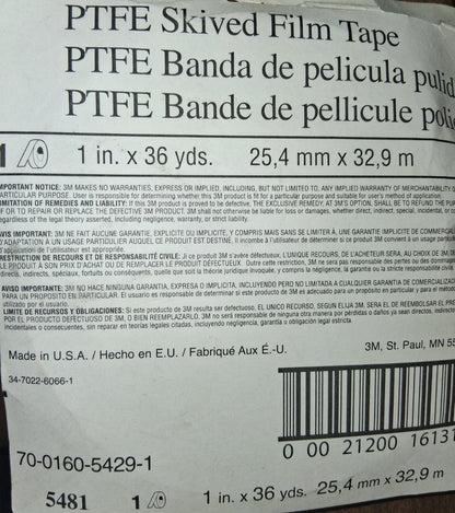 3M PTFE Film Tape Gray 1" x 36YD 6.8 MIL 5481