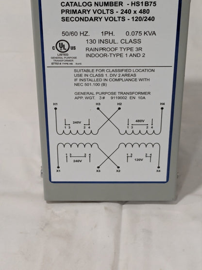 Sola/Hevi-Duty General Purpose Transformer 1 Phase, 240-480 Volt Input HS1B75