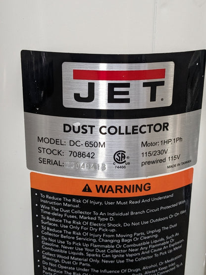 Jet Vortex Cone Portable Dust Collector 650 CFM 1 HP 115v 708642BK