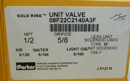 Parker 1/2" Port Brass Two-Way Piloted Diaphragm Solenoid Valve 08F22C2140A USED