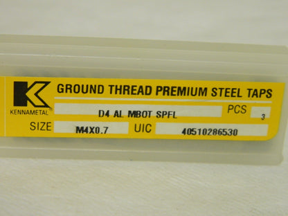 Kennametal M4 X 0.70 D4 3FL Vanadium HSS Spiral Flute Tap Qty 3 2214874