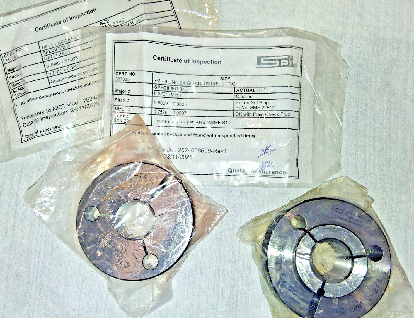 SPI Go &amp; No Go Steel 7/8-9 Threaded Ring Gage 23-199-3