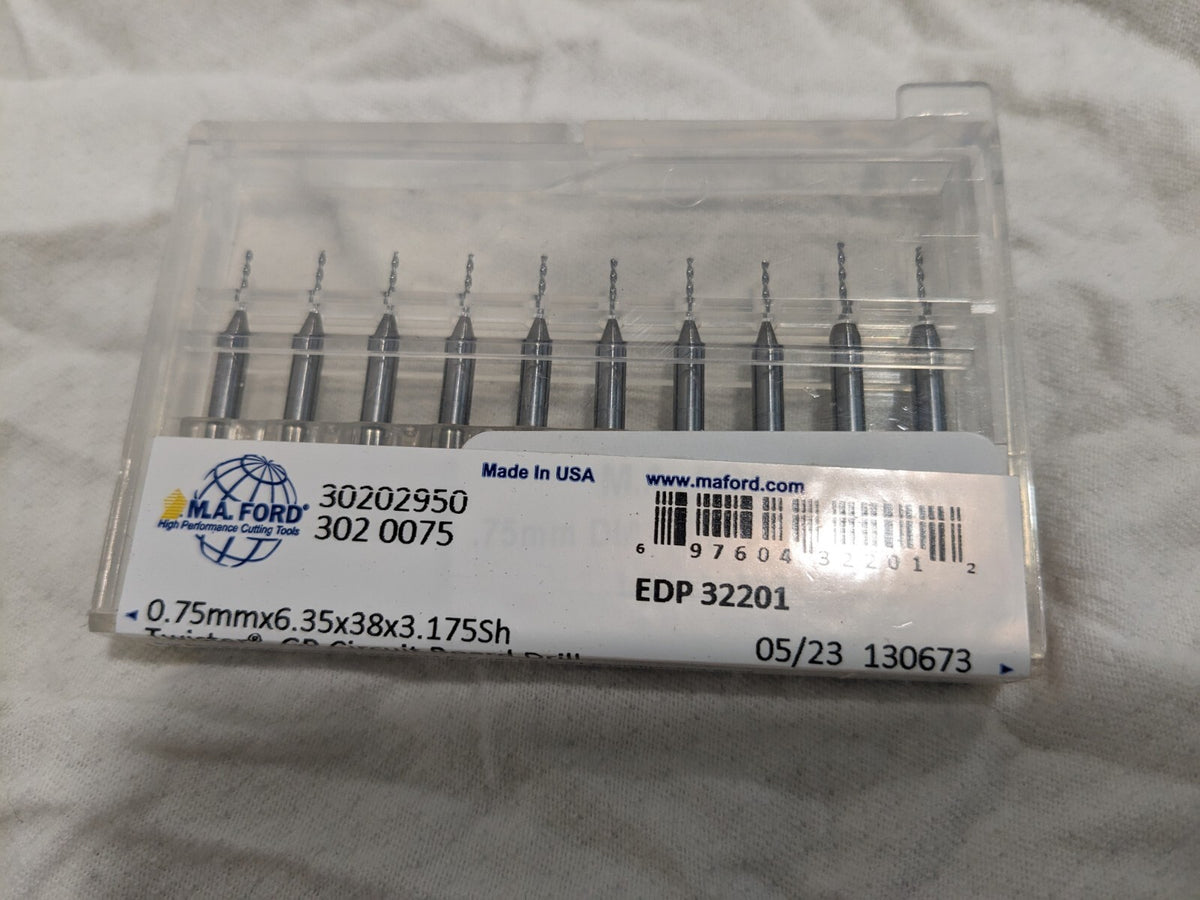 M.A. FORD 10pcMicro Drill Bit: 0.0295" Dia 130 deg Point Solid Carbide 3020