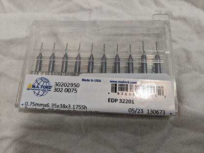 M.A. FORD 10pcMicro Drill Bit: 0.0295" Dia 130 deg Point Solid Carbide 3020