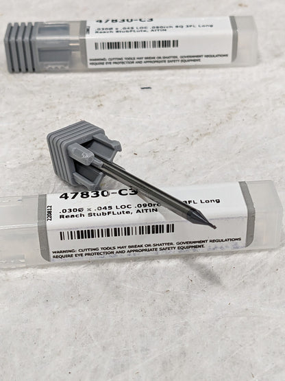 HARVEY TOOL Square End Mill: 0.0300" Dia, 0.045" LOC, 3 Flute Qty 2 47830-C3